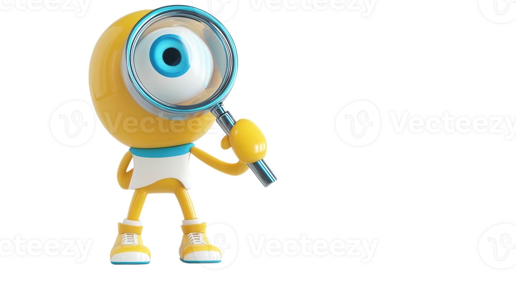 Bright yellow character with magnifying glass exploring a whimsical world filled with adventure and curiosity png