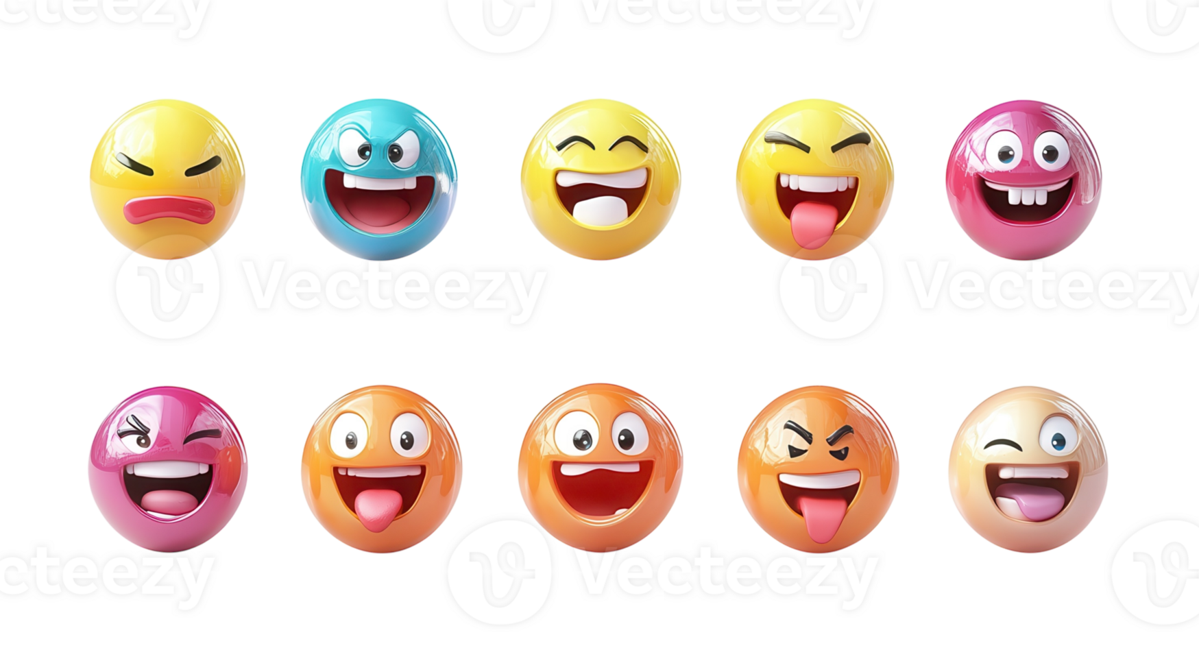 Diverse collection of colorful smiley faces expressing various emotions and feelings in a playful arrangement png