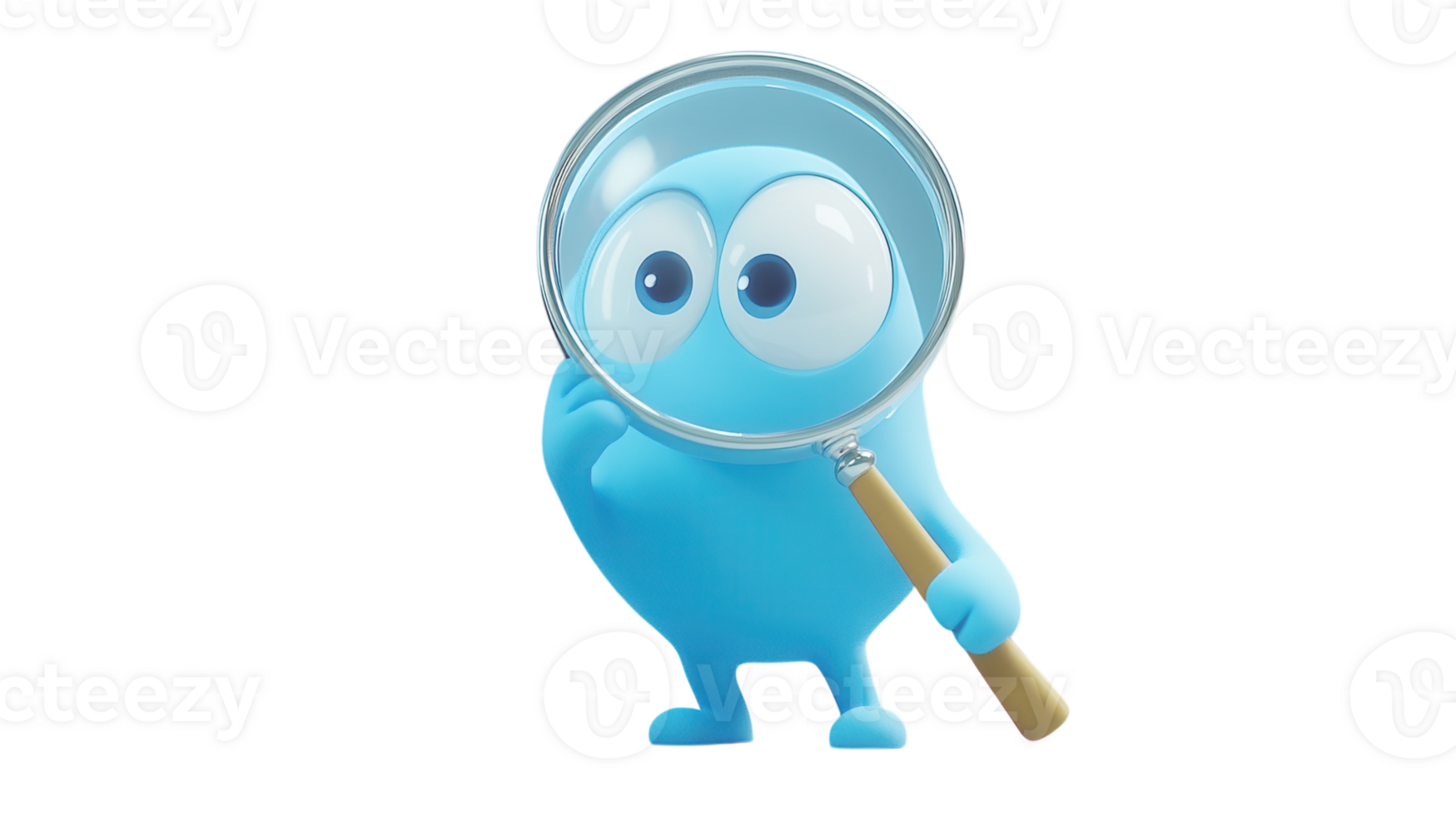 Cute blue character with a magnifying glass explores its surroundings with curiosity and playfulness png