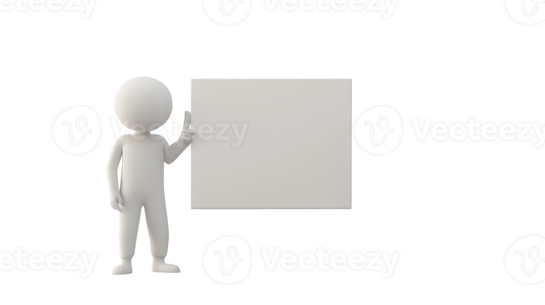 Character stands beside a blank square board with a raised thumb in a minimalistic setting png
