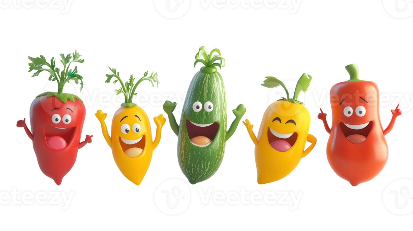 Colorful cartoon vegetables expressing joy and excitement in a playful arrangement on a white background png