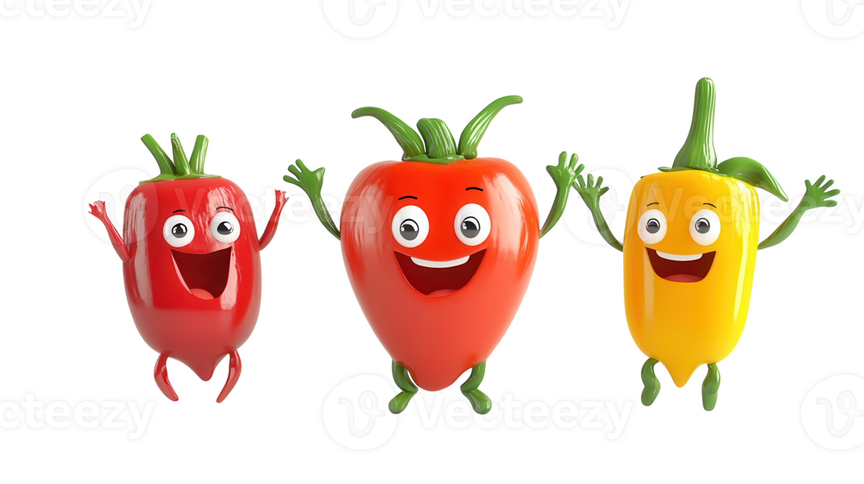 Colorful cartoon peppers with cheerful expressions celebrating together in a playful manner png