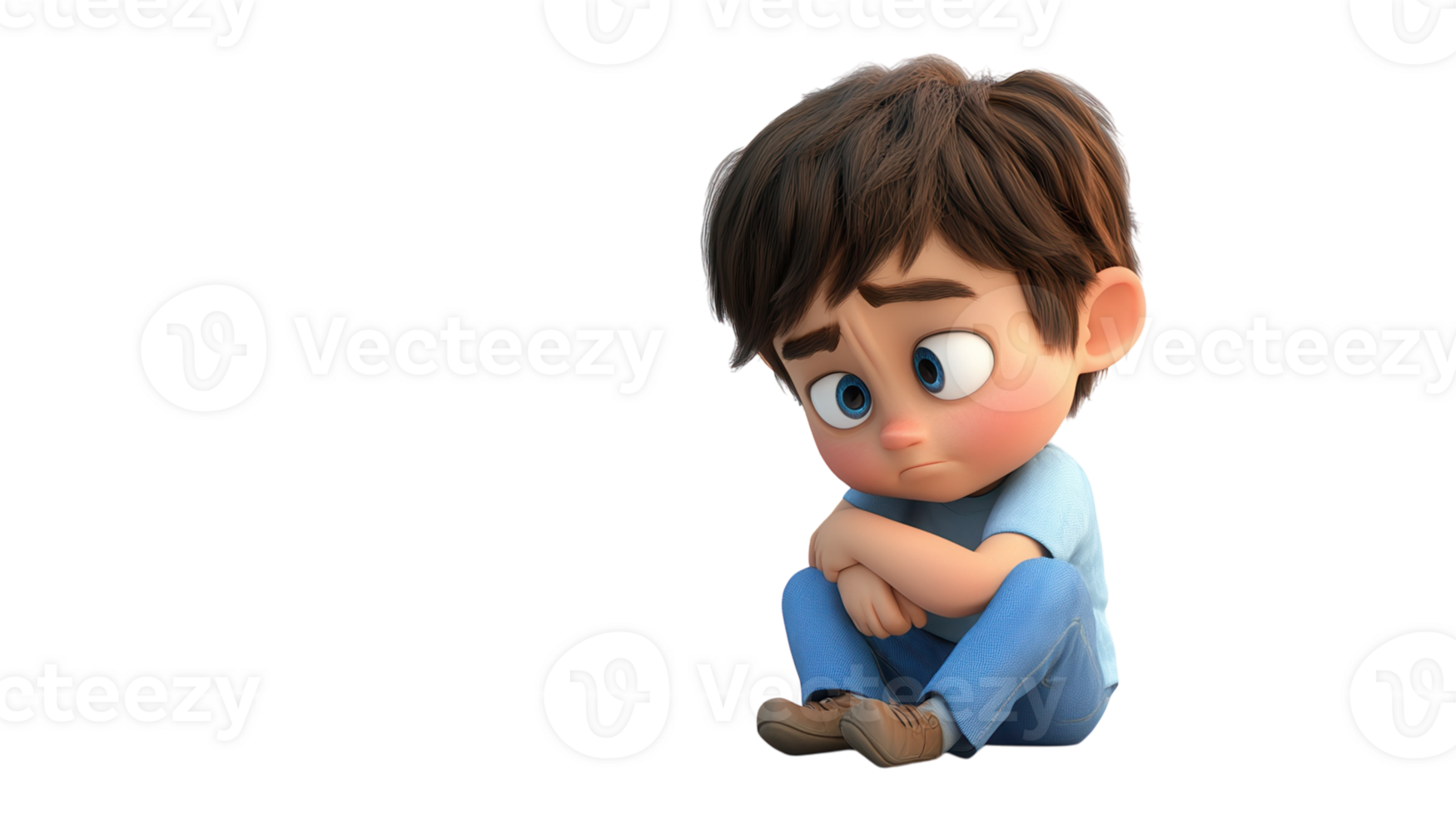Young boy sitting alone with a sad expression, depicting emotions of loneliness and contemplation in a cartoon style png