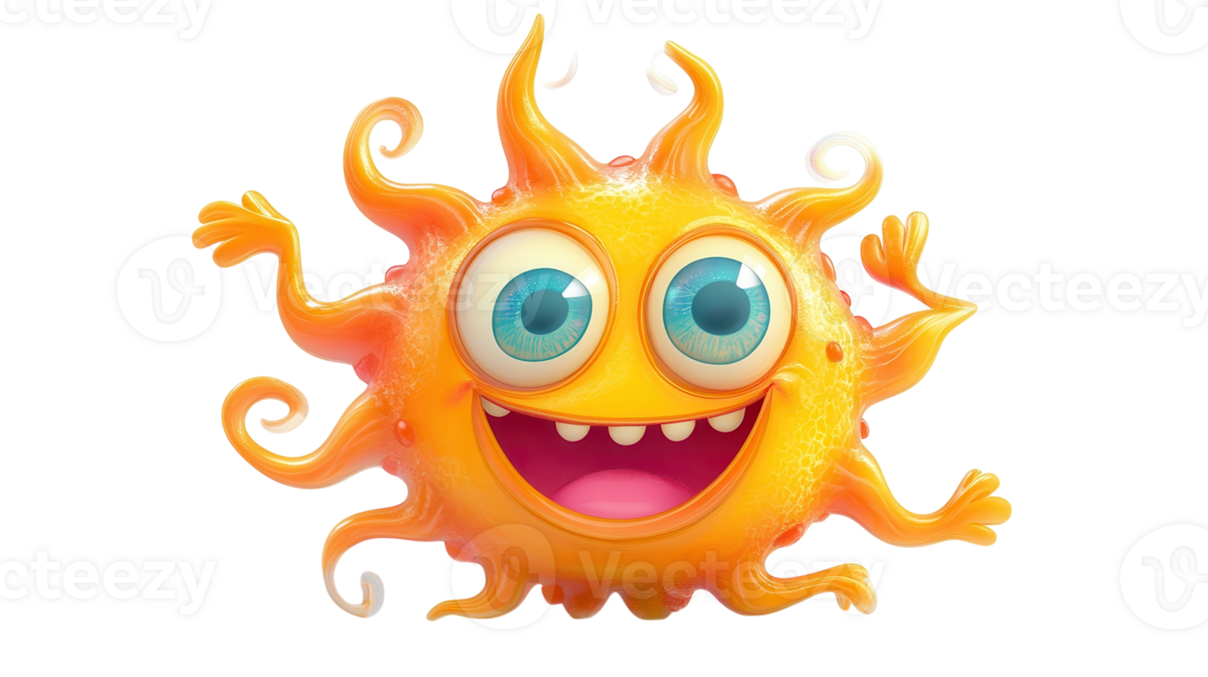 Happy cartoon sun character with bright colors and expressive features dances joyfully against a white background png