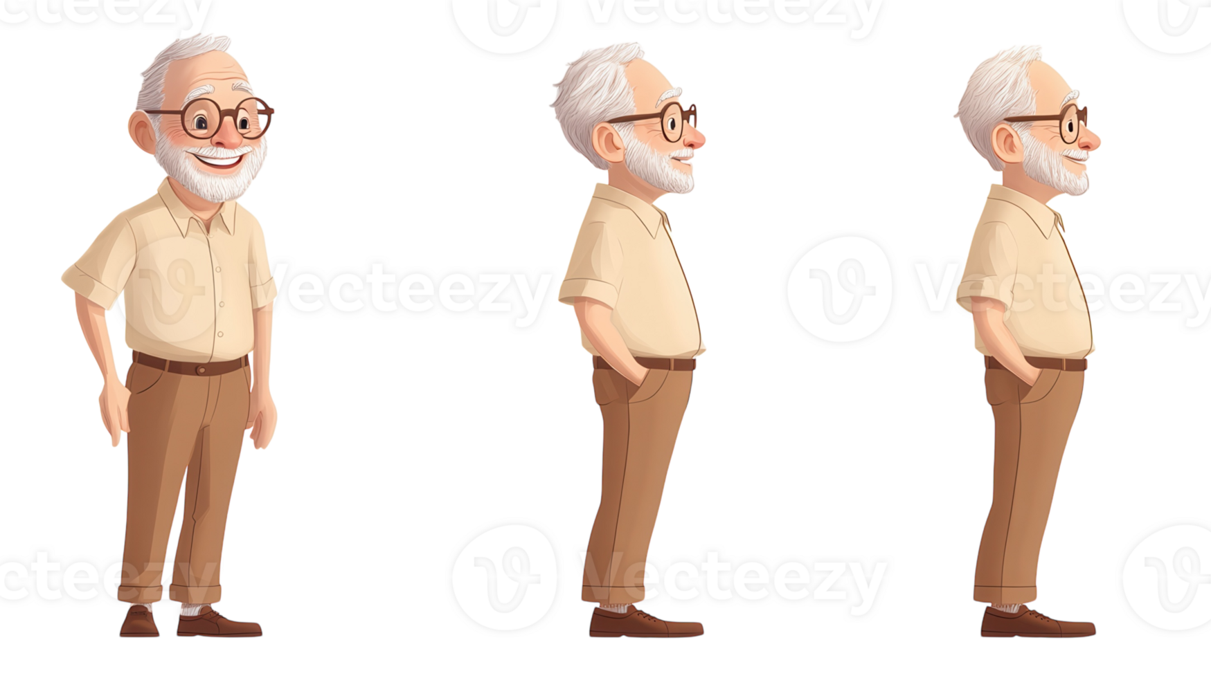 Senior man character in casual clothing showcasing friendly demeanor and thoughtful poses png