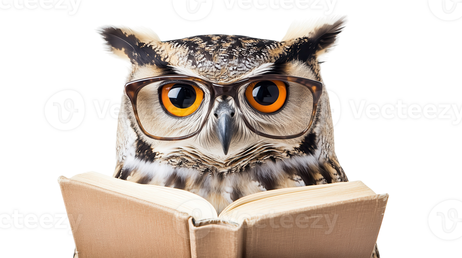 Owl with glasses reading a book, showcasing a whimsical blend of knowledge and nature in a playful way png