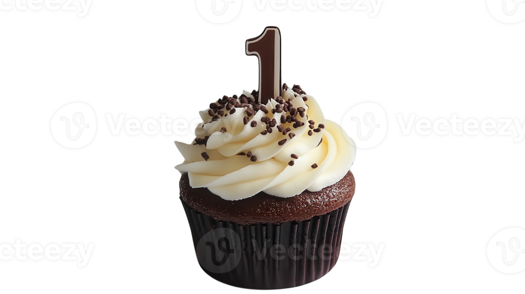 Chocolate cupcake topped with creamy frosting and a birthday candle for a first birthday celebration png