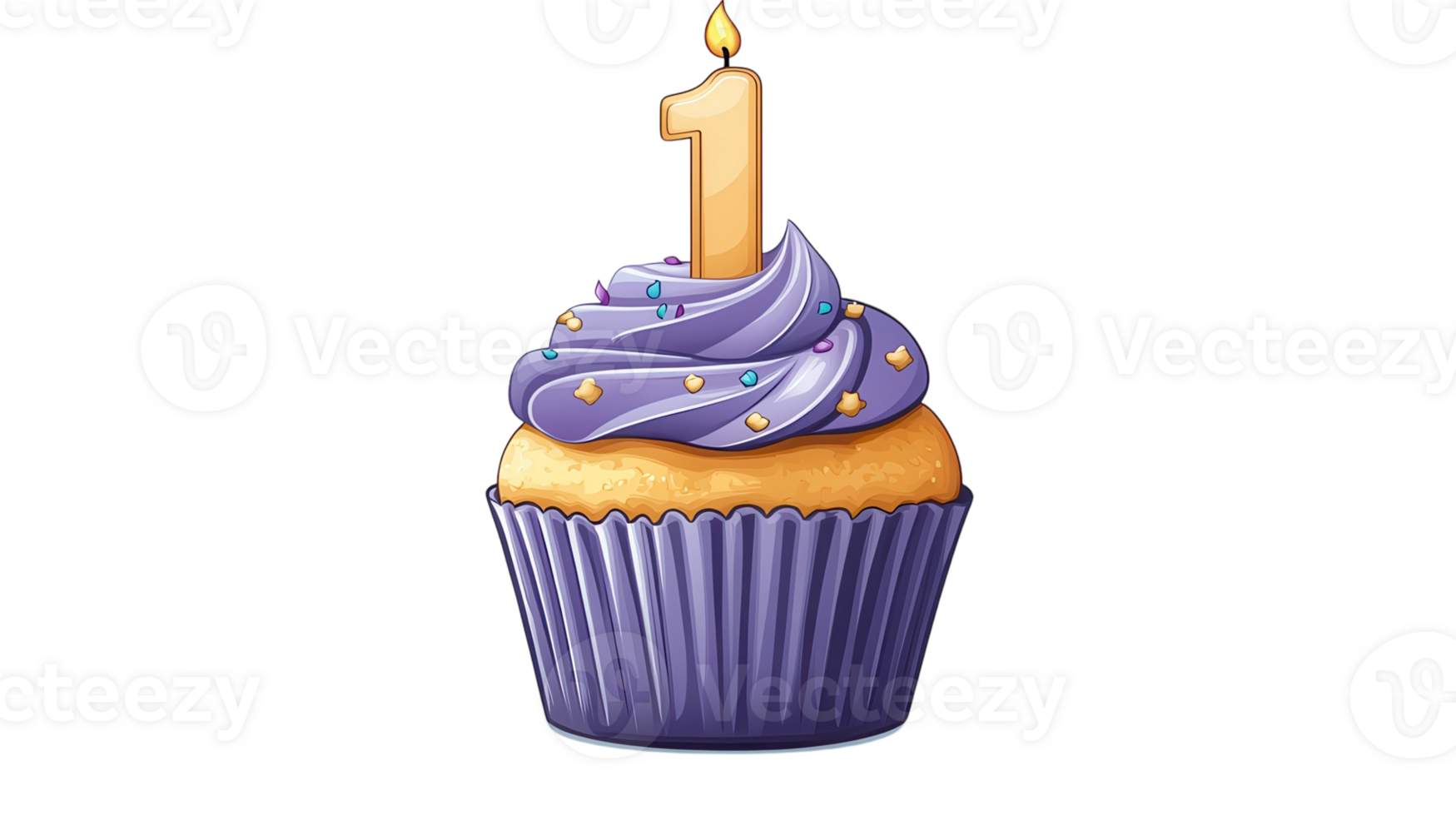Colorful cupcake with a purple swirl and a number one candle celebrating a first birthday occasion png