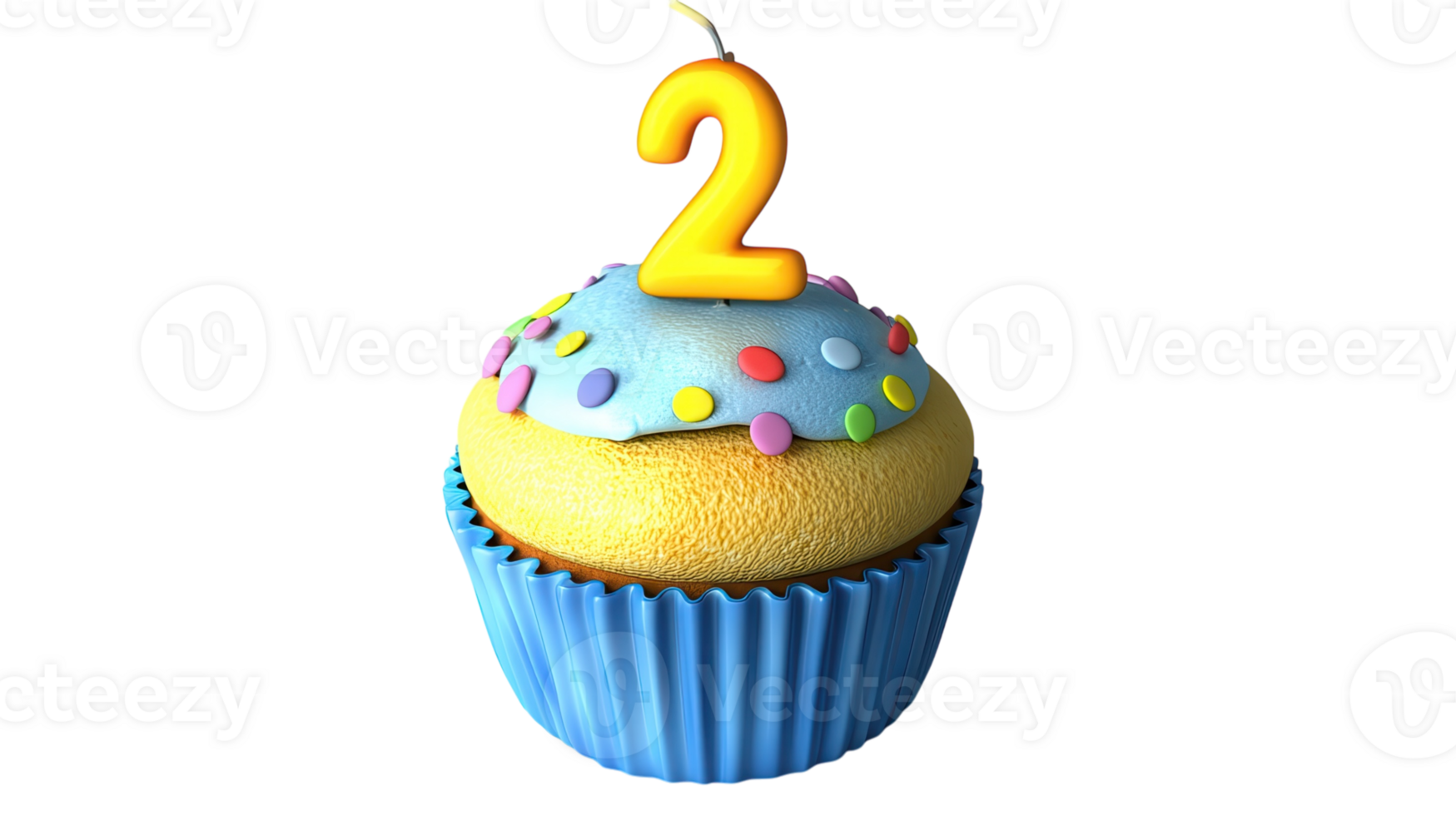 Bright blue cupcake with colorful frosting and a number 2 candle for a birthday celebration png