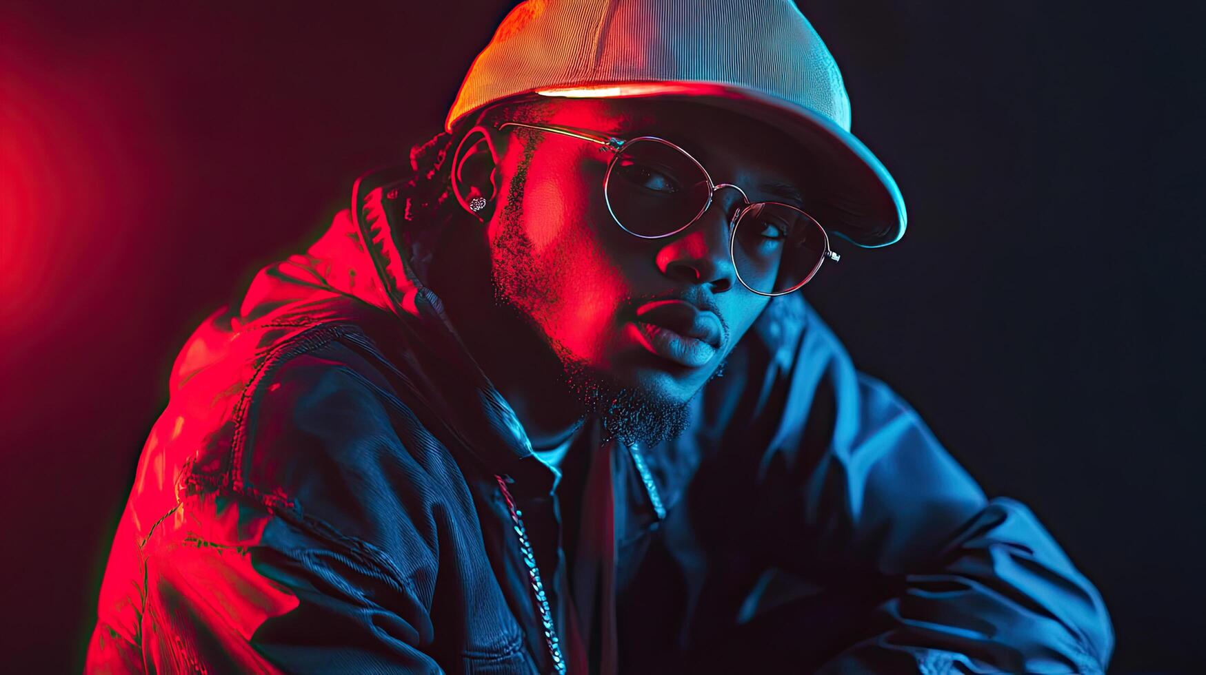 a man wearing a hat and sunglasses sitting on a chair photo