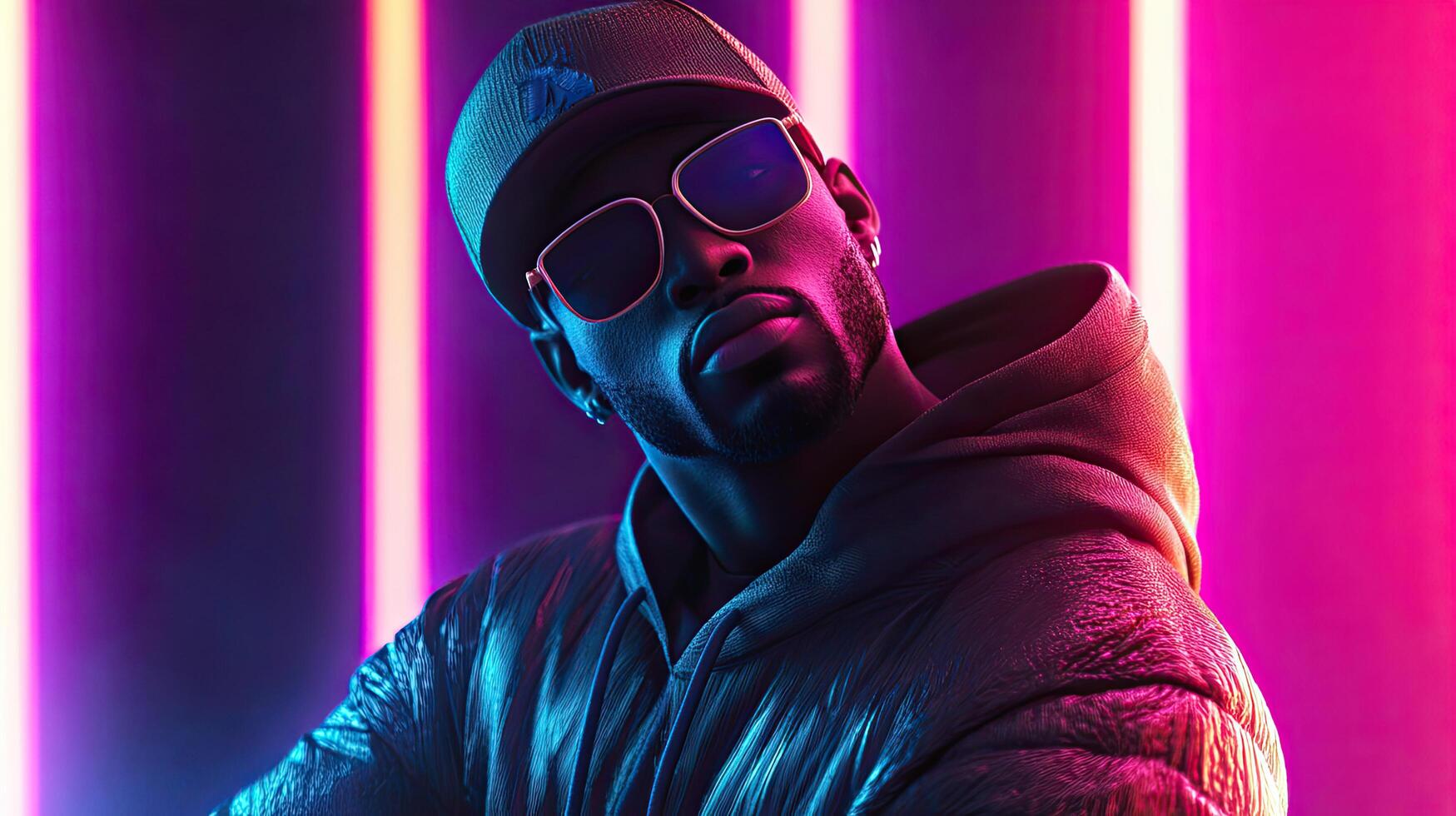 a man in a hoodie and sunglasses is wearing a hat photo