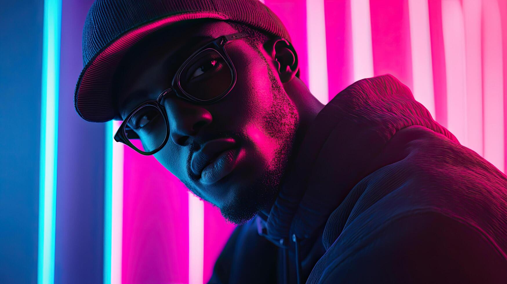 a man wearing glasses and a hat in front of neon lights photo