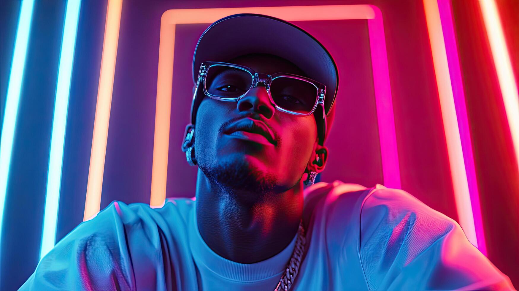 a man wearing a hat and sunglasses in front of neon lights photo