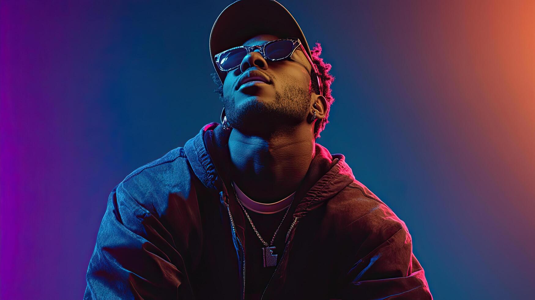 a man wearing sunglasses and a jacket in front of a colorful background photo