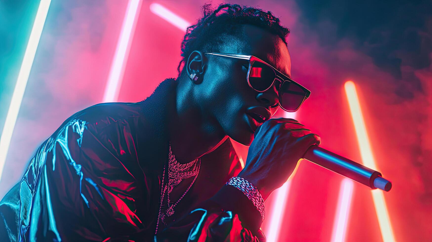 a man in sunglasses is singing into a microphone photo