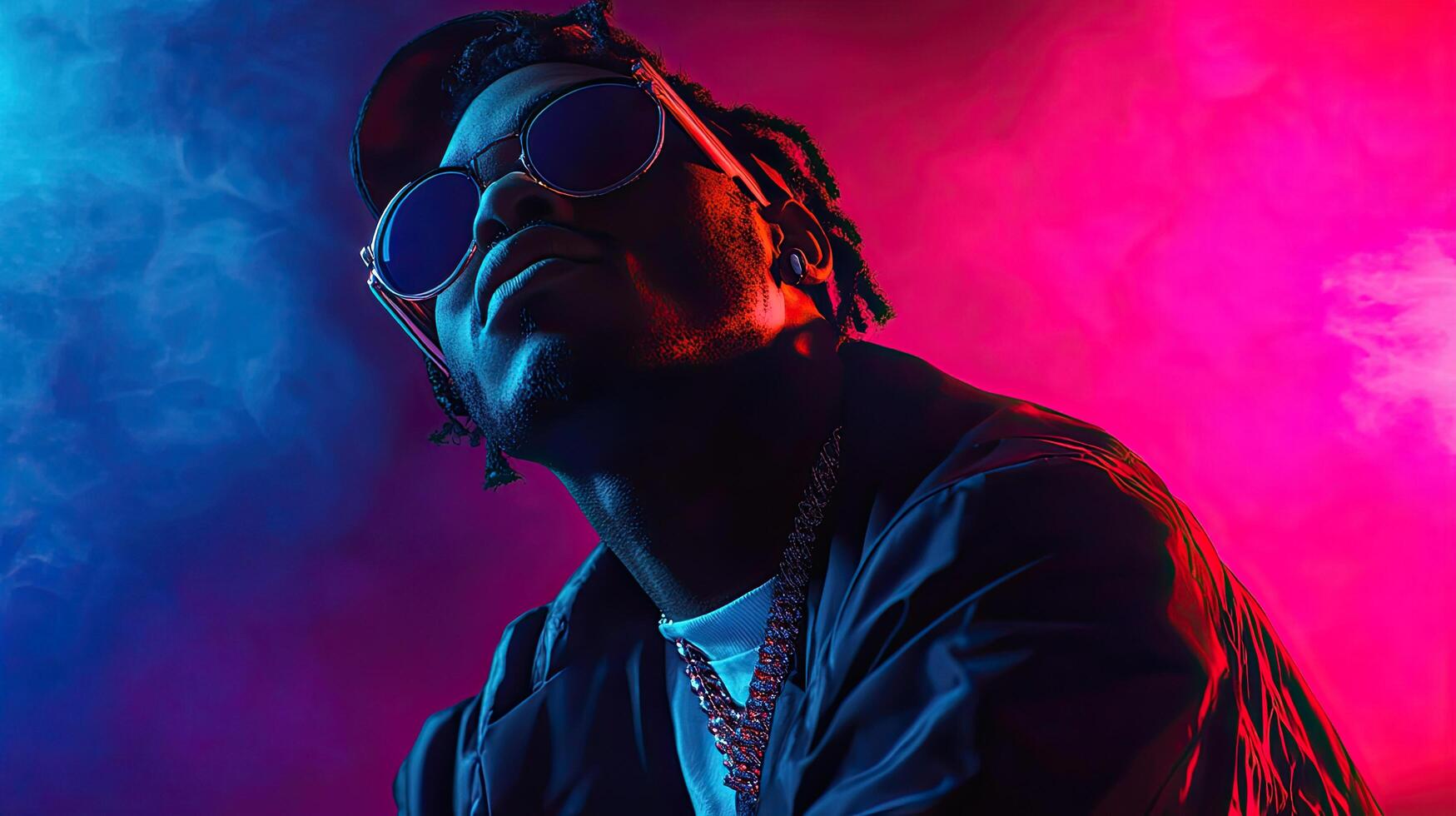 a man wearing sunglasses and a jacket in front of colorful smoke photo