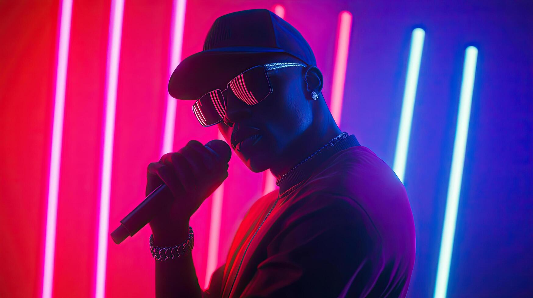 a man in sunglasses and hat holding a microphone photo
