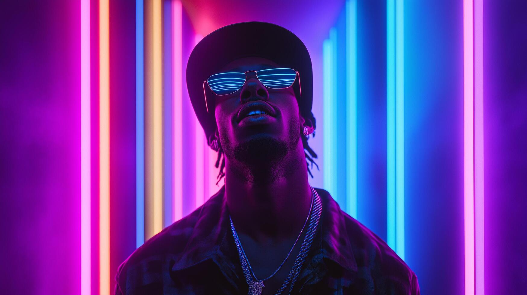 Black Man wearing sunglasses and a hat in front of neon lights photo