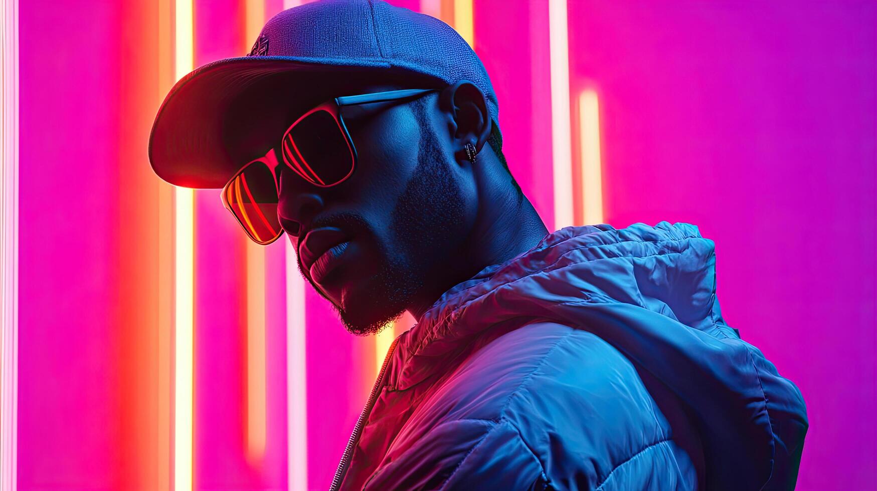 Man wearing a hat and sunglasses in front of neon lights photo