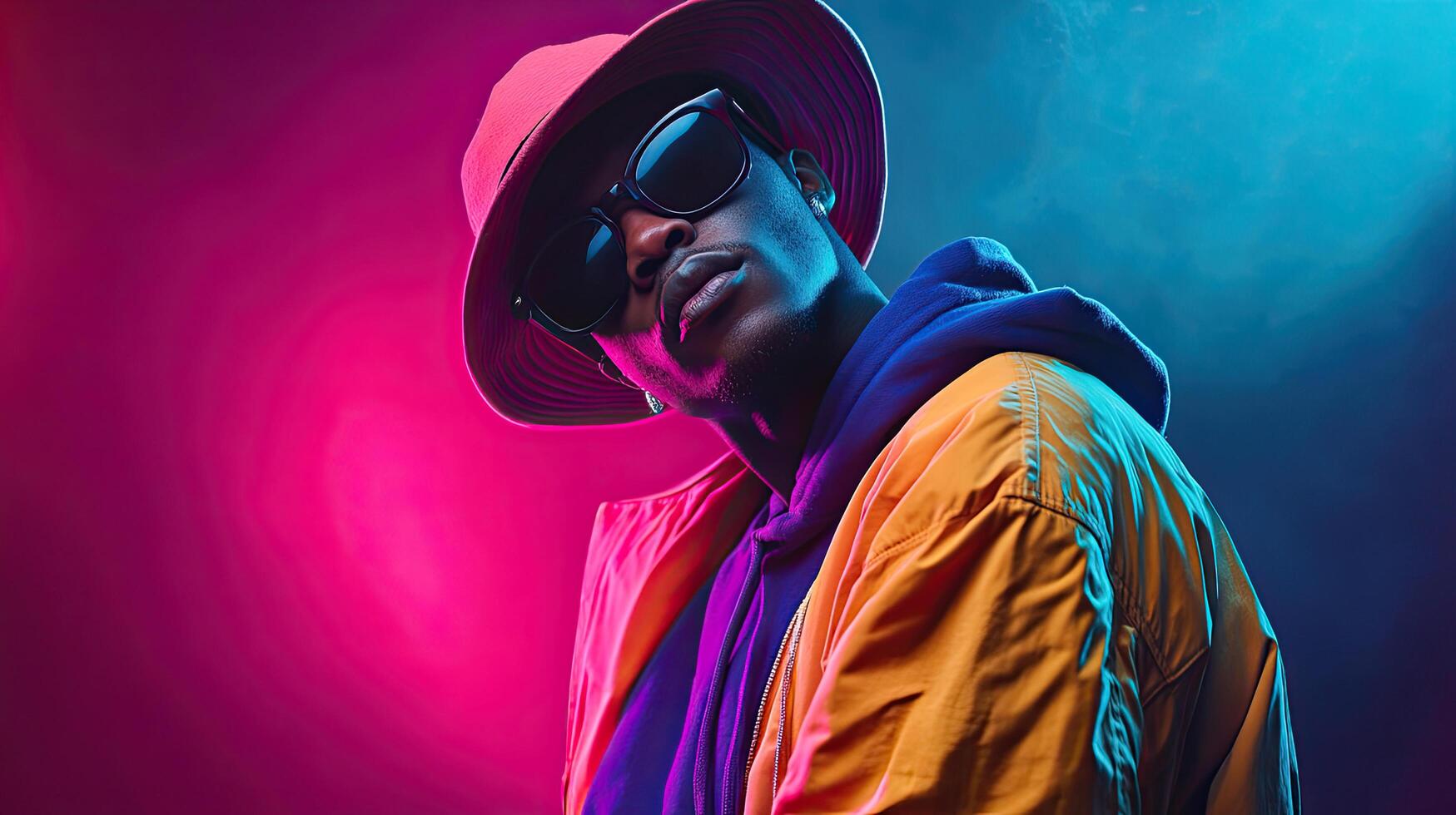 a man wearing a hat and sunglasses in front of a colorful background photo