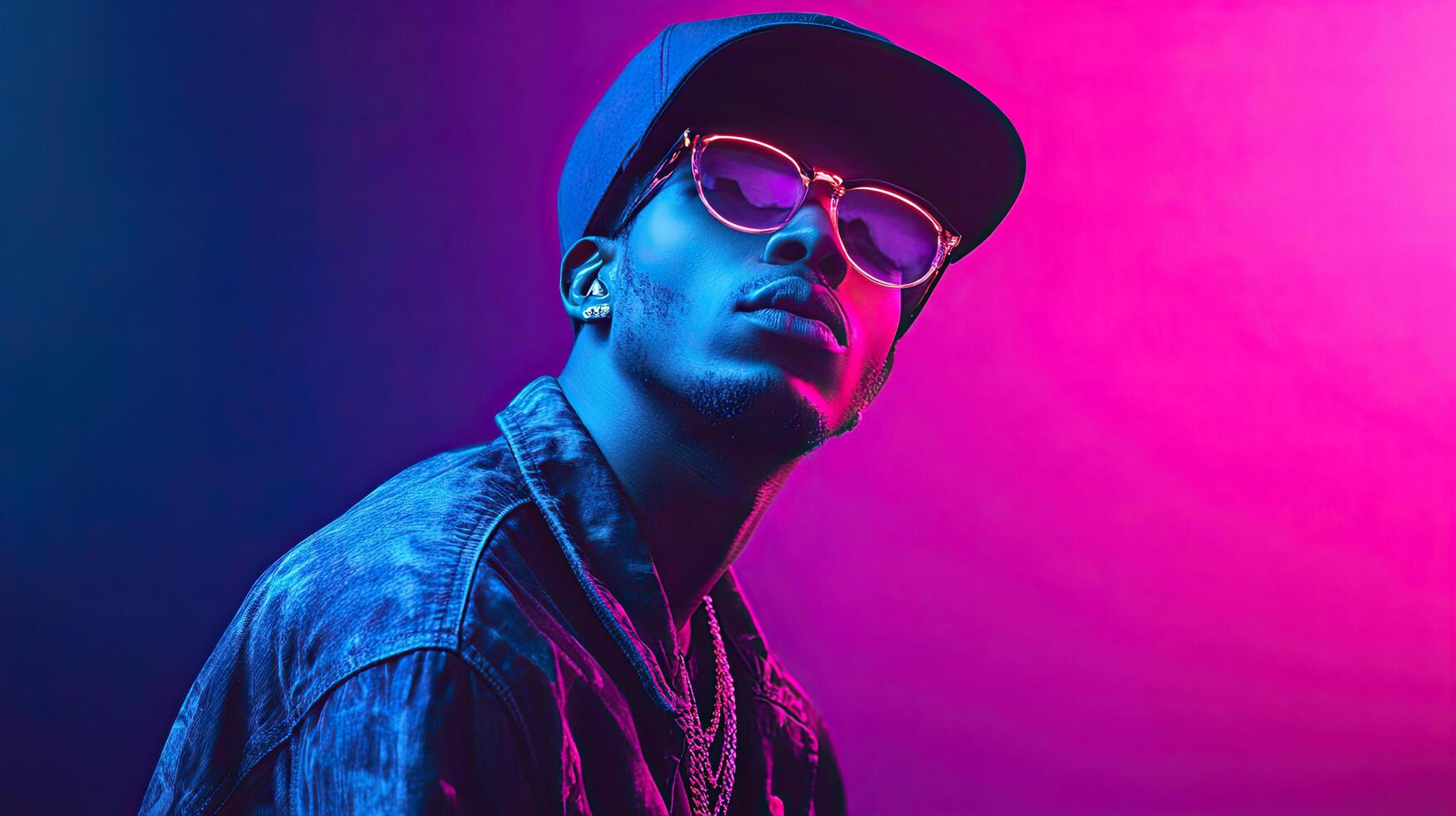 a man wearing a hat and sunglasses in front of a purple and pink light photo
