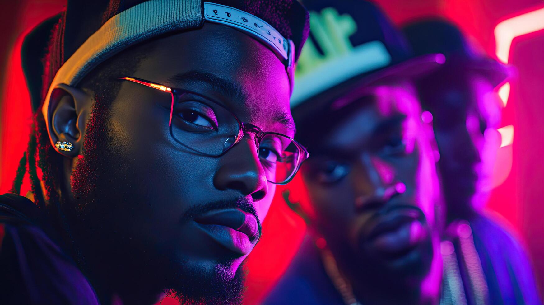 three men with glasses and hats in front of a neon light photo
