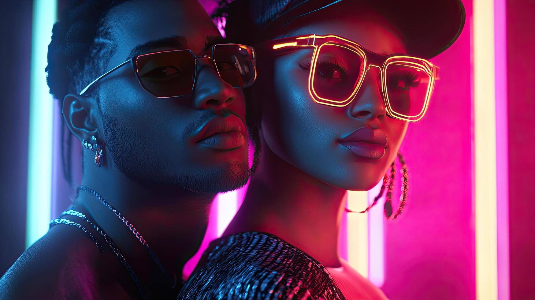 two people wearing sunglasses and hats in front of neon lights photo