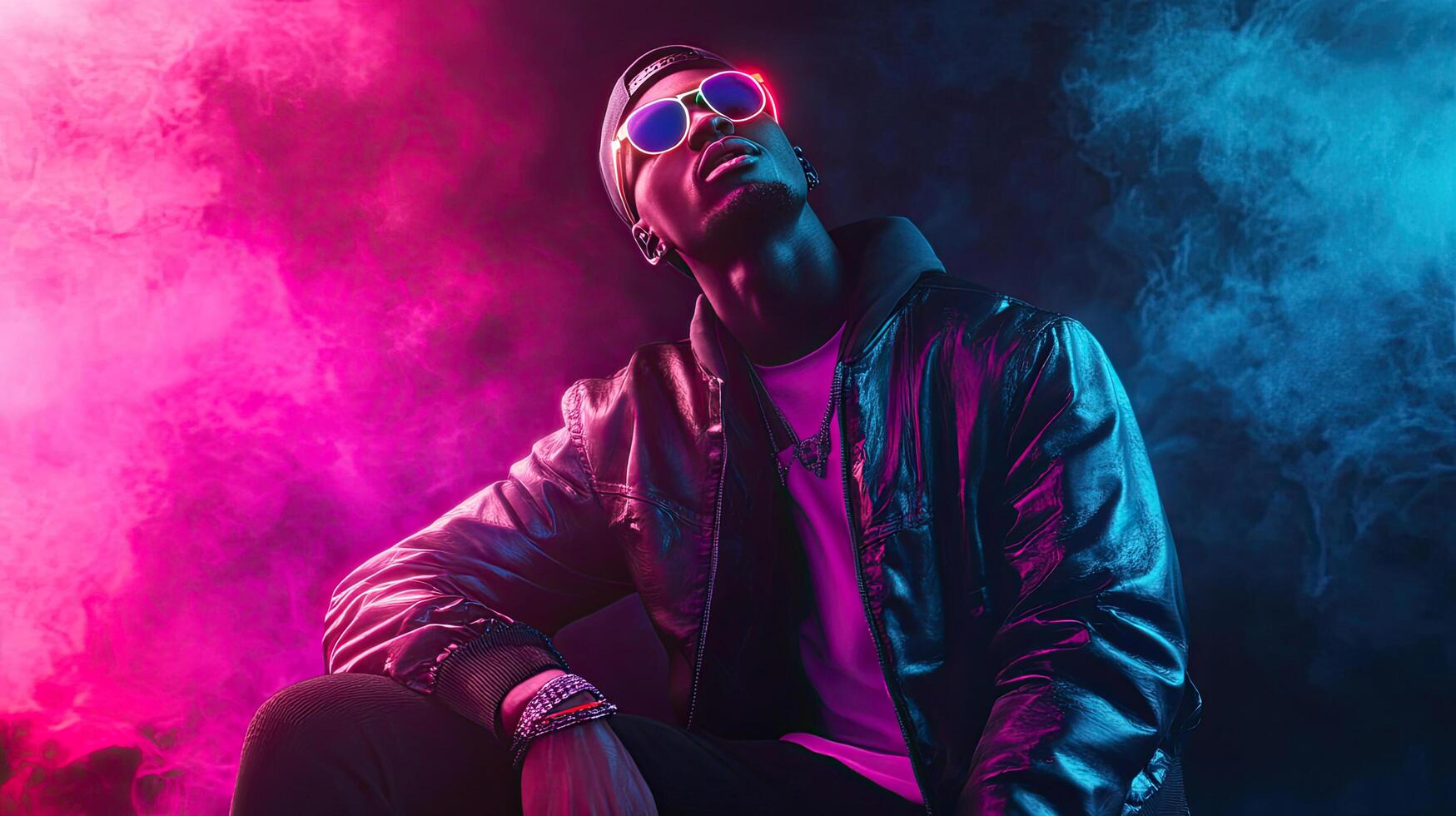 a man in a black jacket and sunglasses sitting on a smoke cloud photo