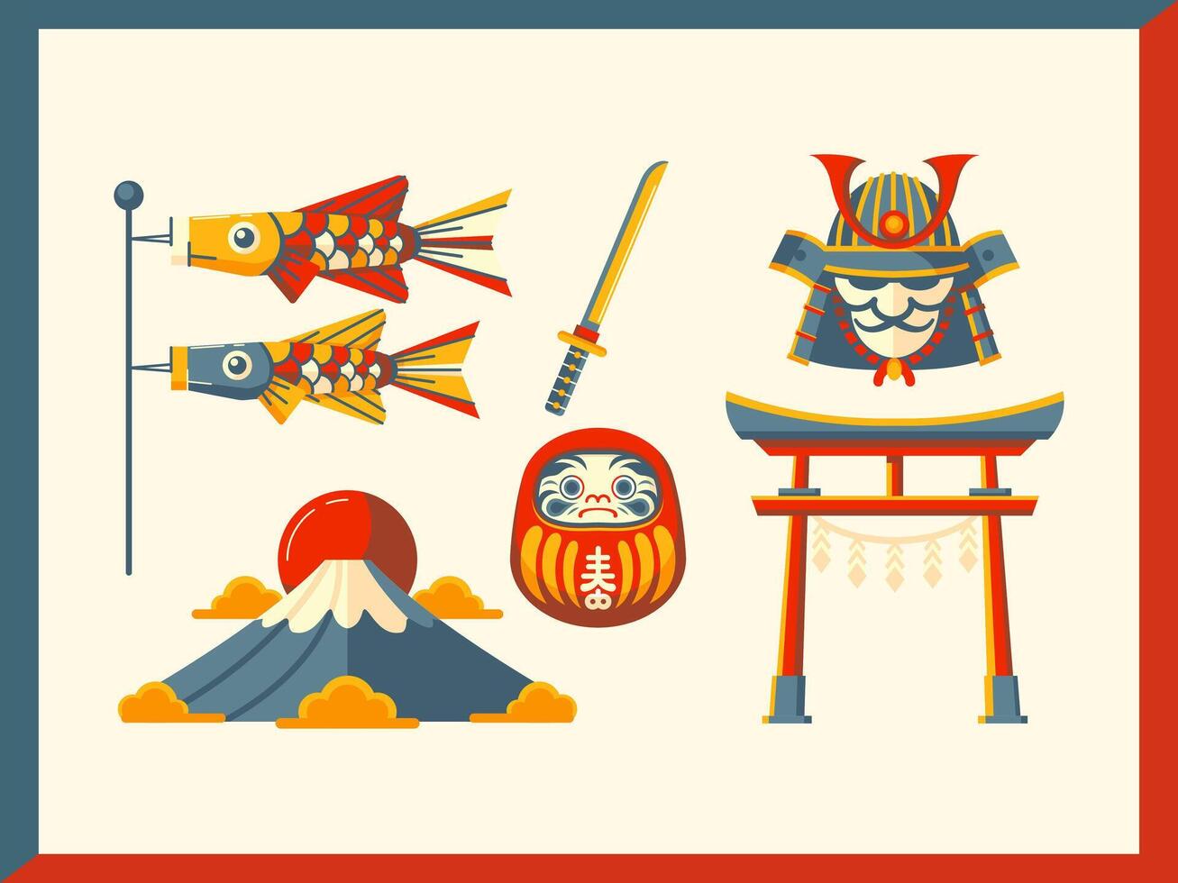 Traveling to Japan. Koinobori, Torii, Daruma and Mount Fuji cartoon elements. Suitable for events and holidays vector
