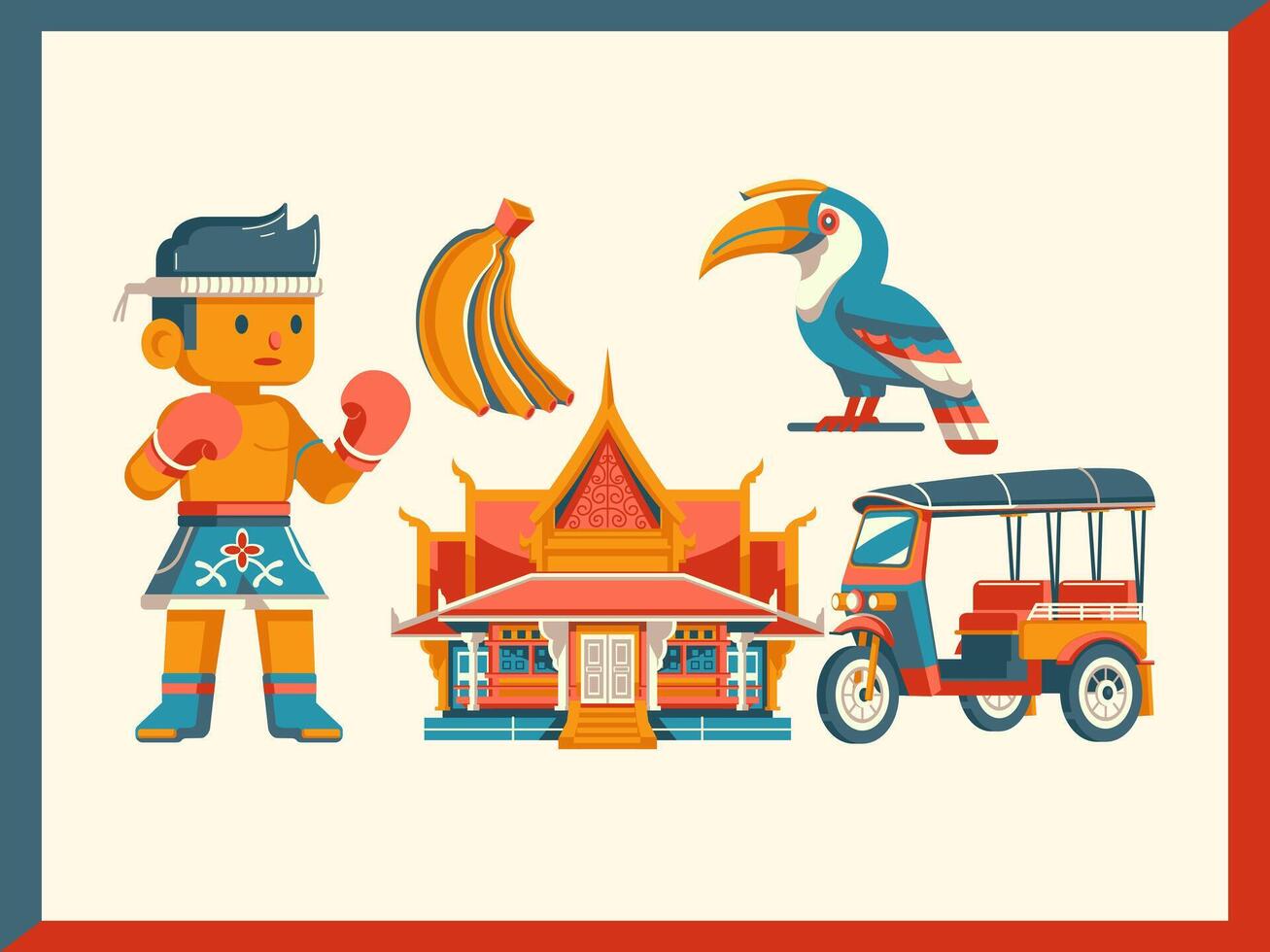Traveling to Thailand. Muay Thai, Rickshaw, Hornbill and House cartoon elements. Suitable for events and holidays vector