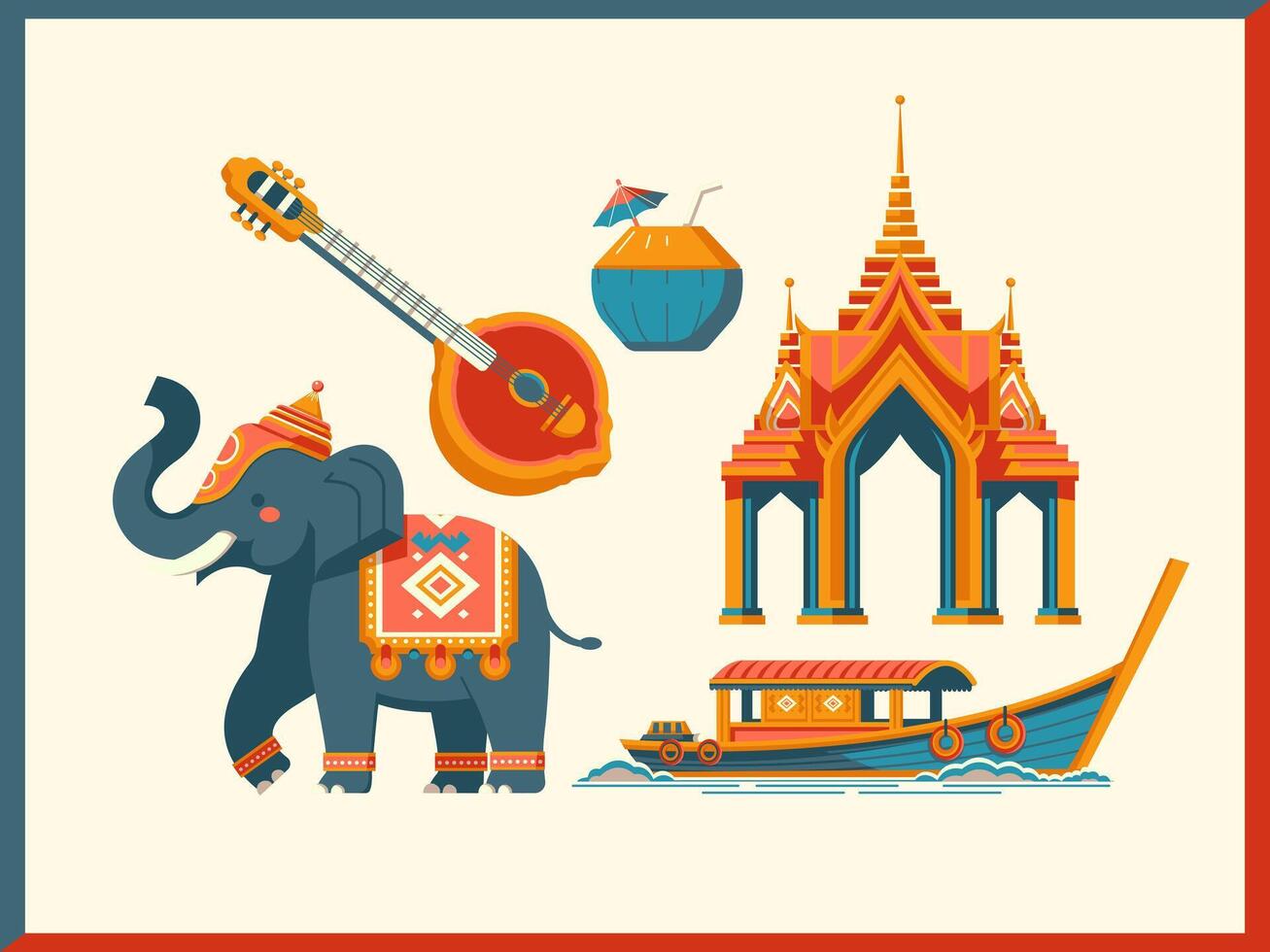 Traveling to Thailand. Elephant, Boat, harp and gate cartoon elements. Suitable for events and holidays vector
