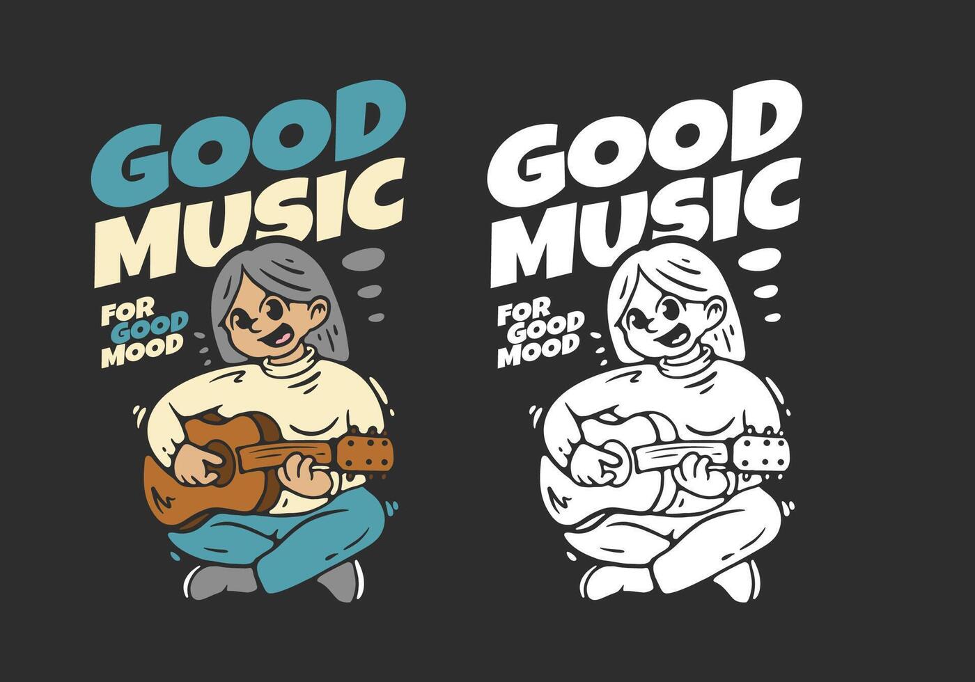 Girl character holding a guitar, flat illustration in 2 color version vector