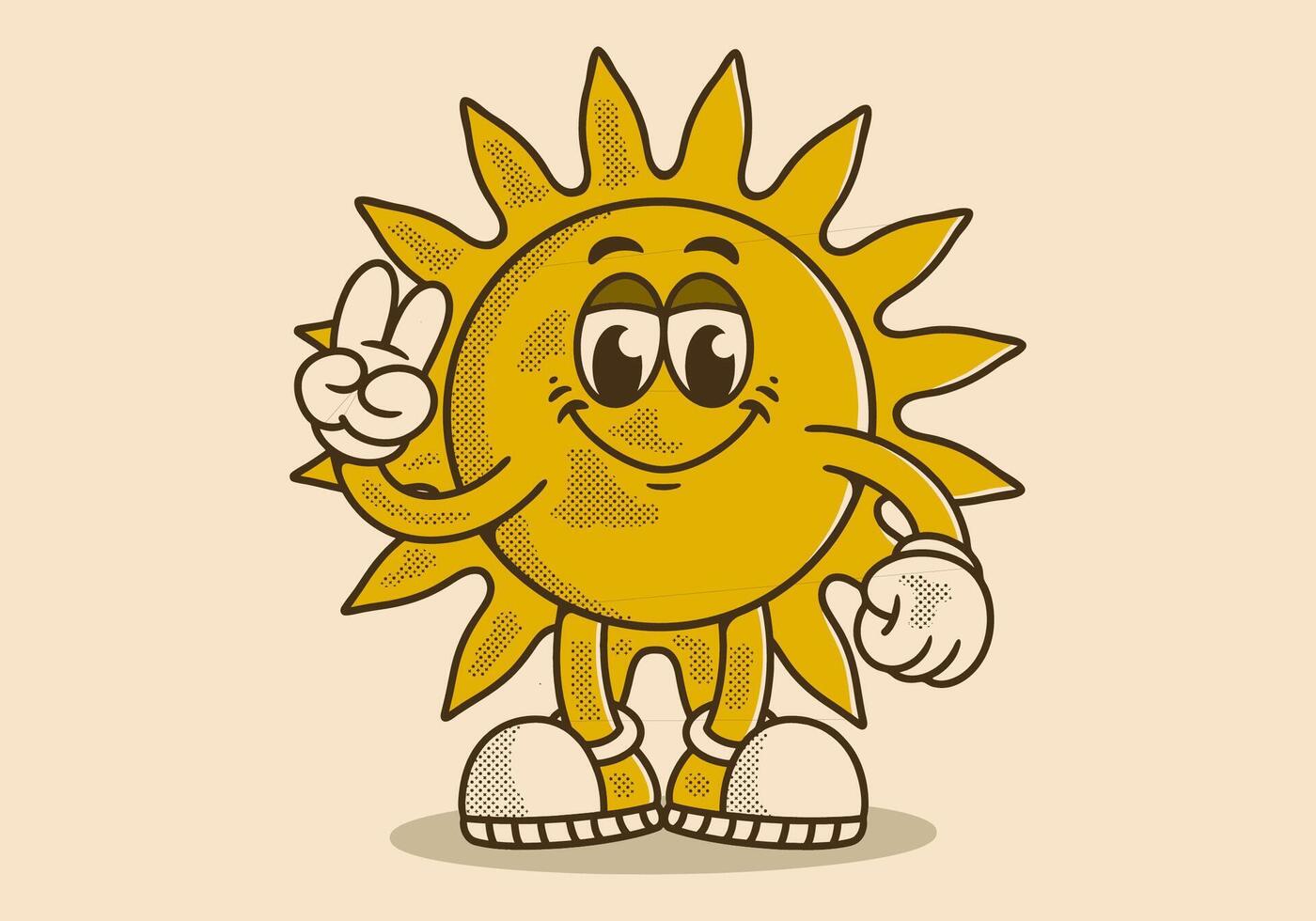 Happy sun mascot character in peace hand symbol. in retro colors vector