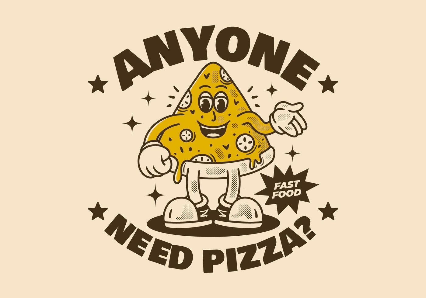Anyone need pizza. Mascot character of pizza slice in retro vintage style. Good for sticker print vector