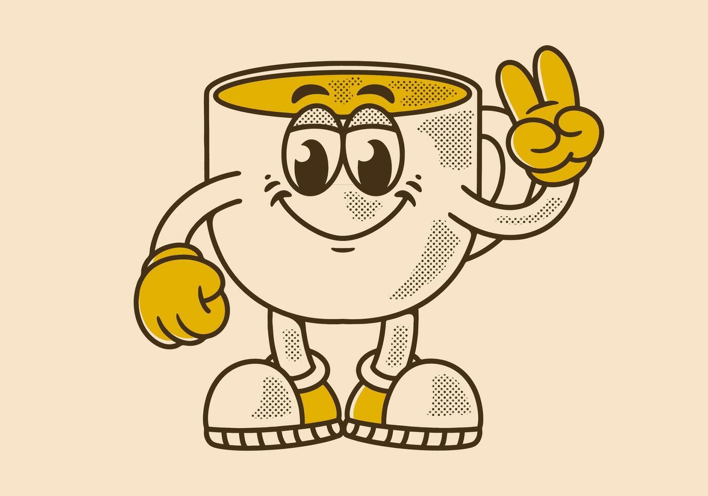 Character mascot of a coffee mug with hands forming a peace symbol in retro colors vector