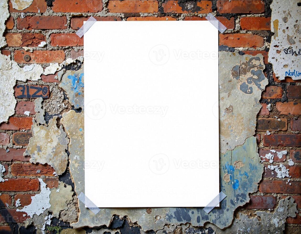 A white paper is taped to a brick wall photo