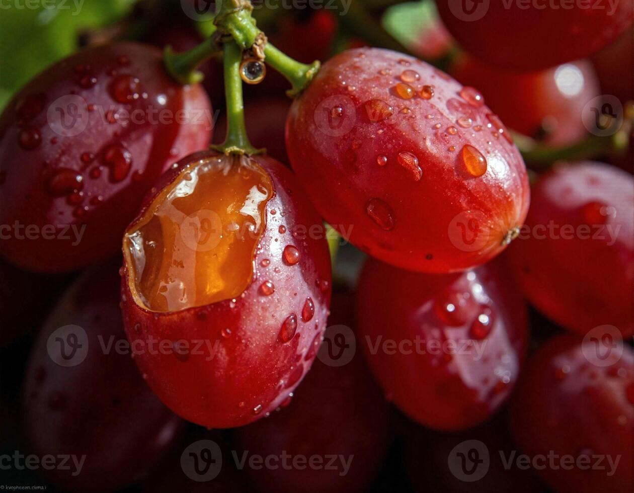 A close up of red grapes with water droplets photo
