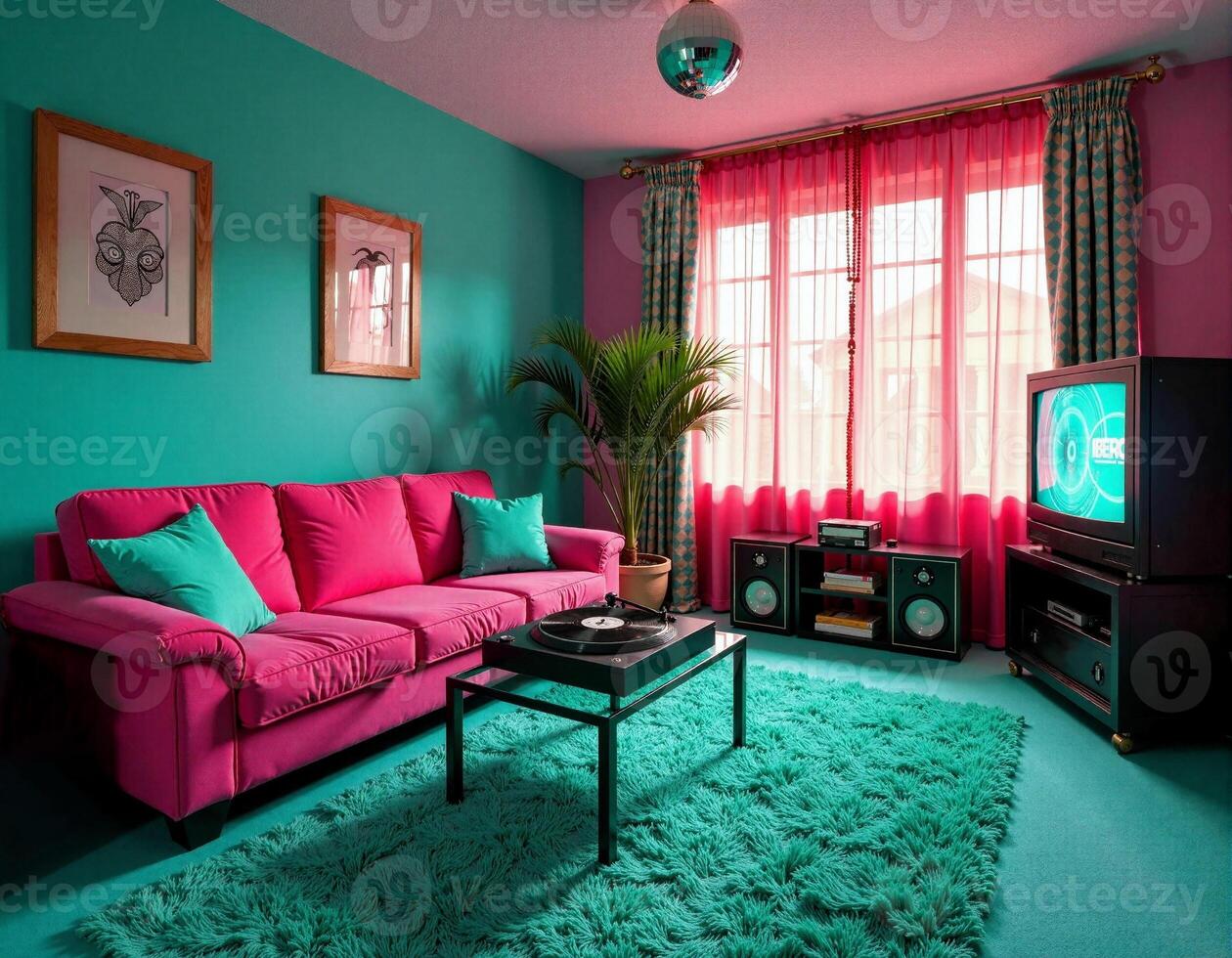 A living room with a pink couch, a green rug and a turquoise window photo