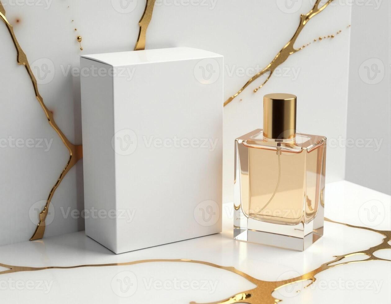 A perfume bottle and box on a marble surface photo