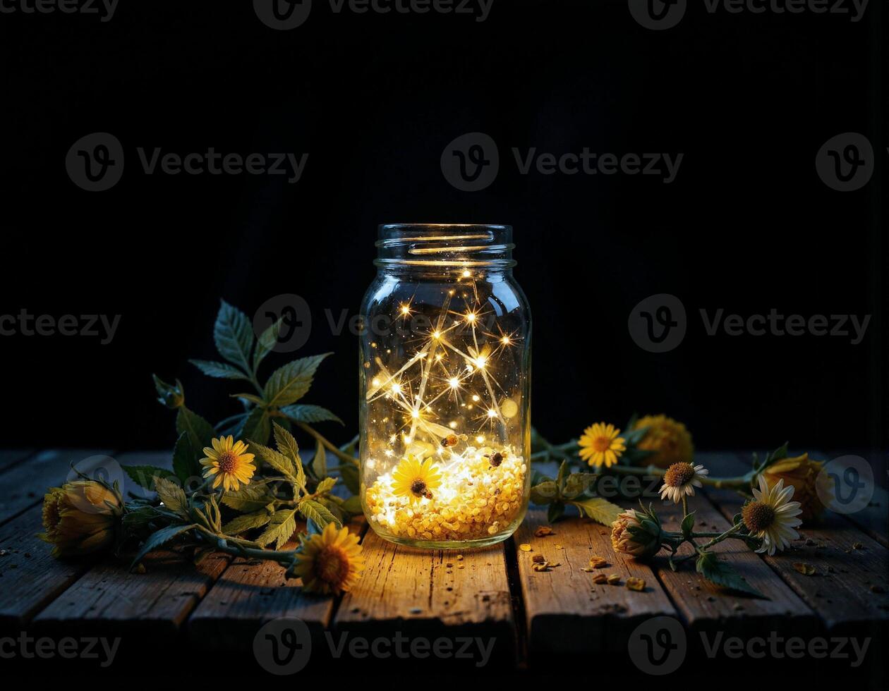 A jar with a string of lights and flowers on a wooden table photo