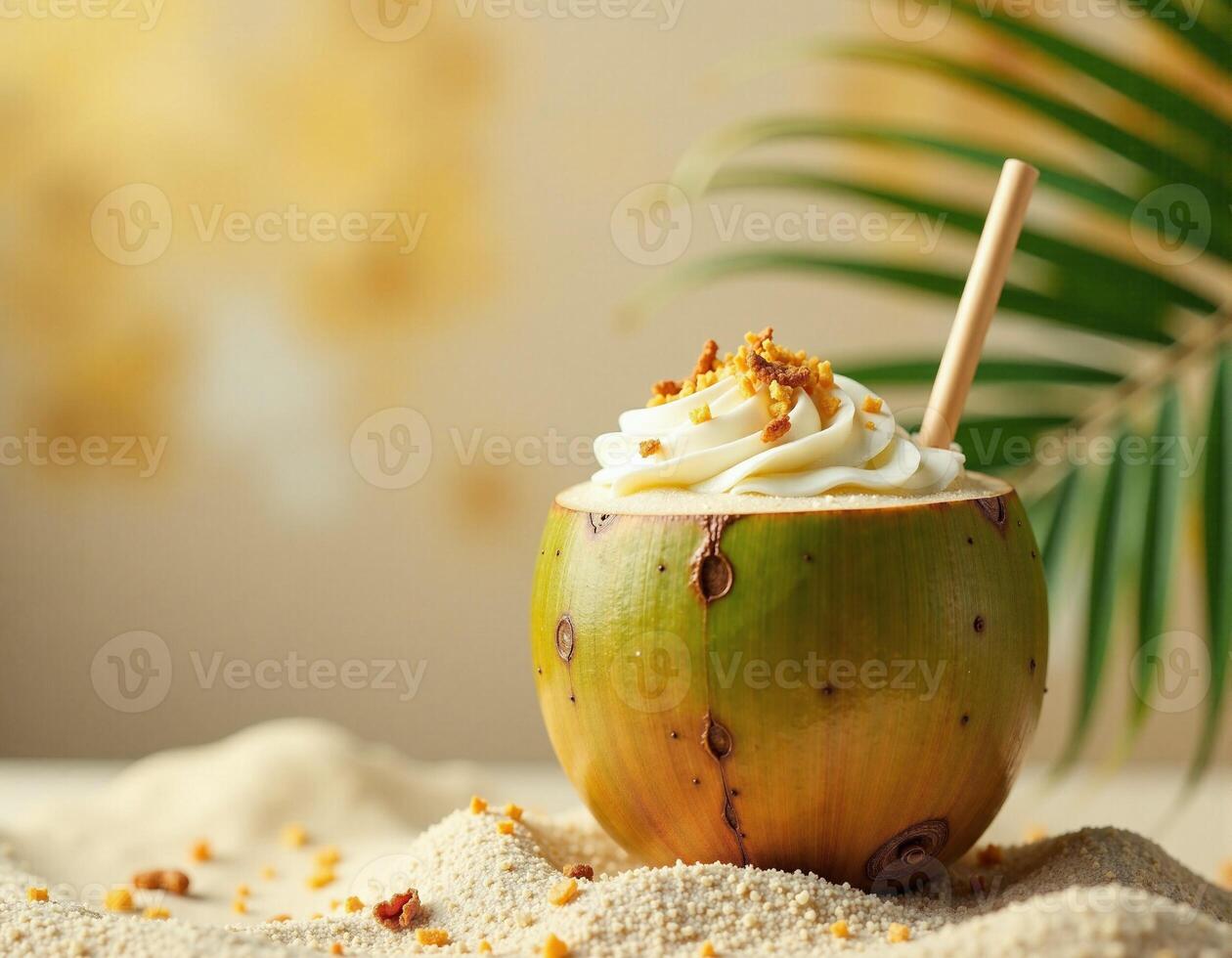 Coconut smoothie with coconut milk and coconut straw on sand background photo