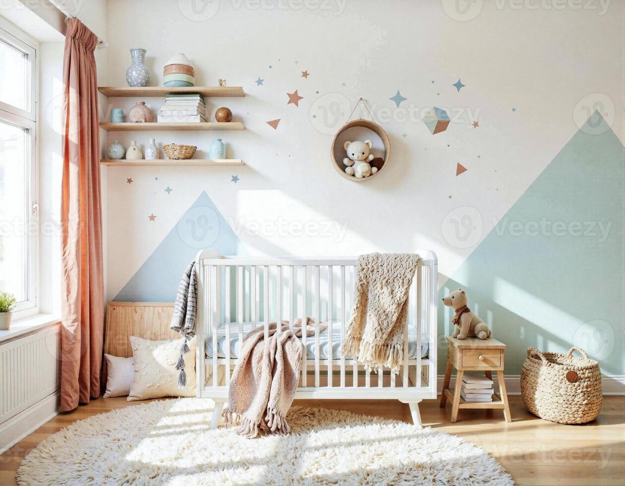 A baby's room with a white crib, blue walls and a mountain wall photo