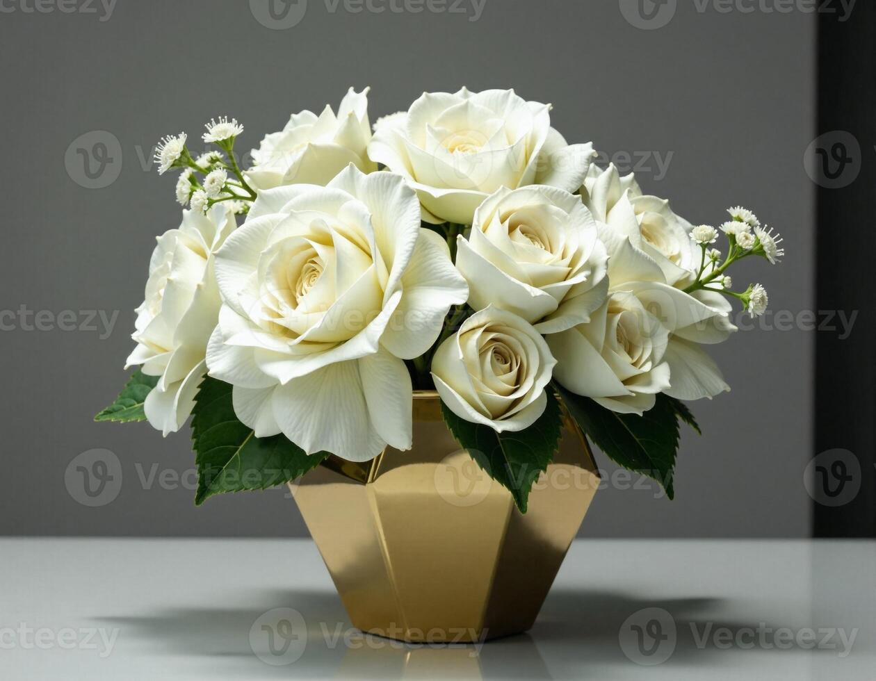 A bouquet of white roses in a gold vase photo