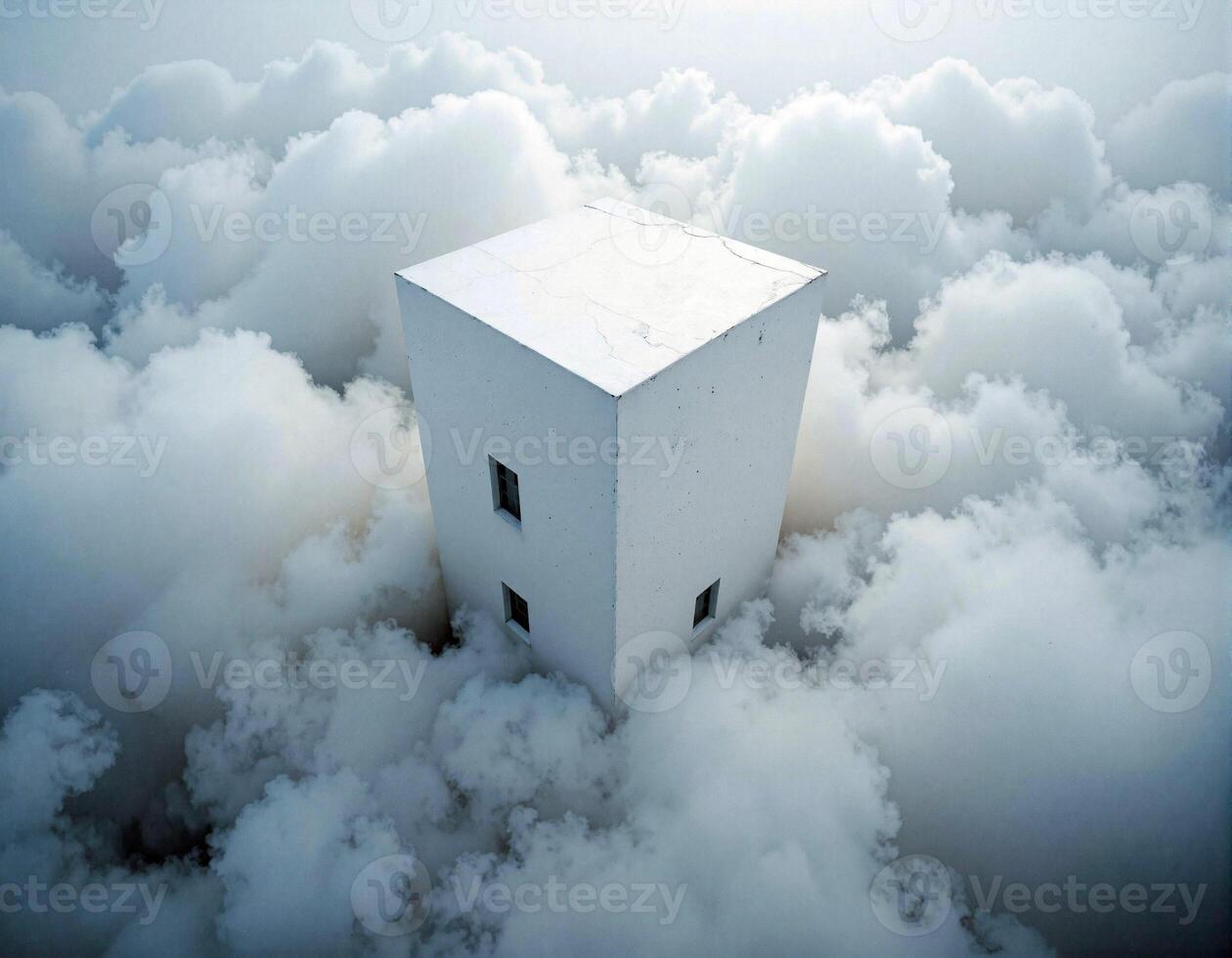 A white building is surrounded by clouds photo