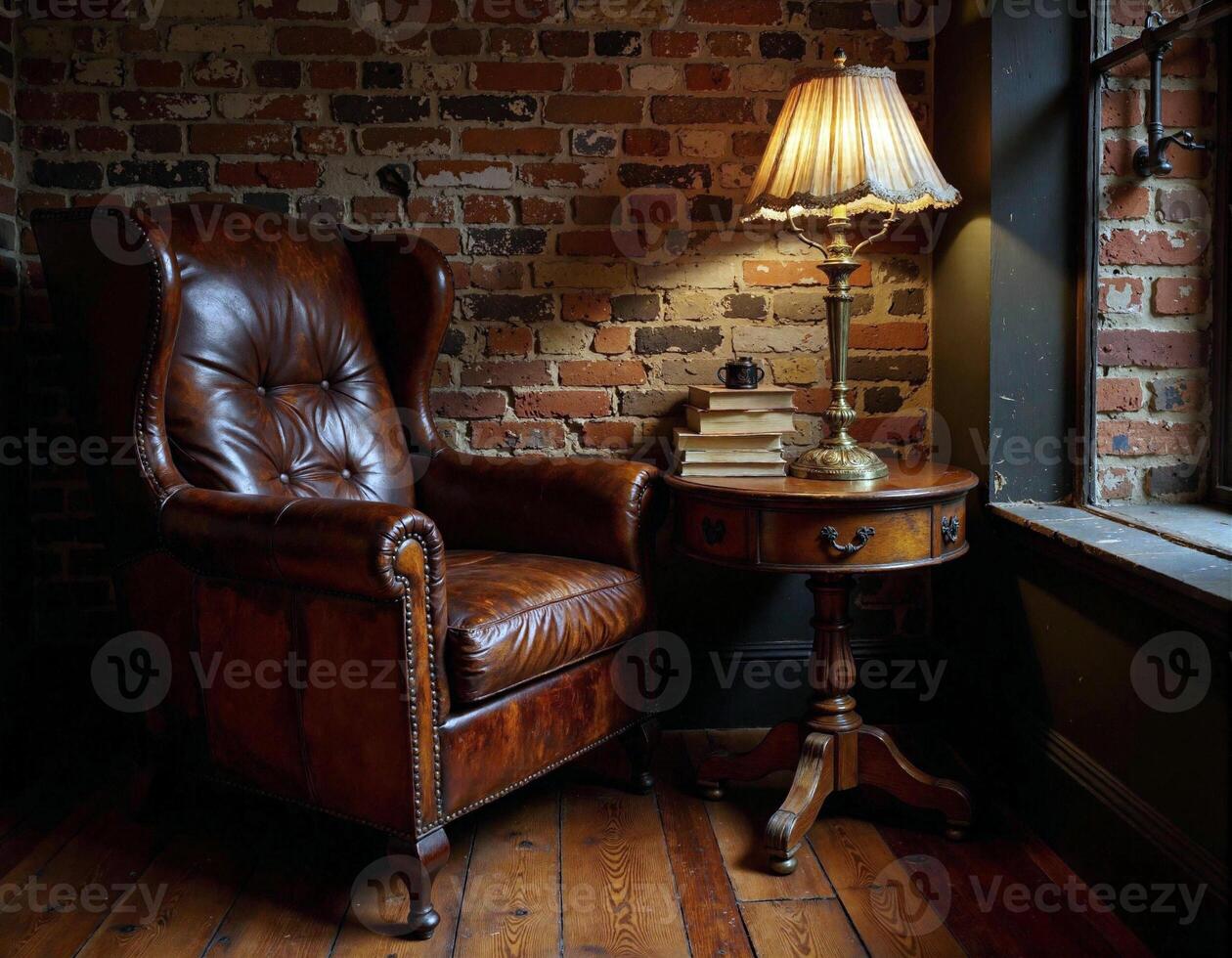 A chair and table in a room with a brick wall photo