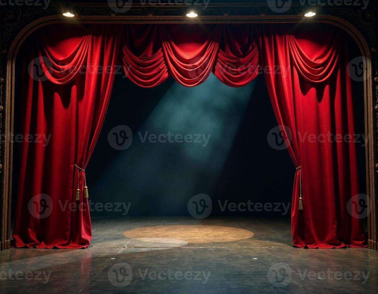 A stage with red curtains and spotlight photo