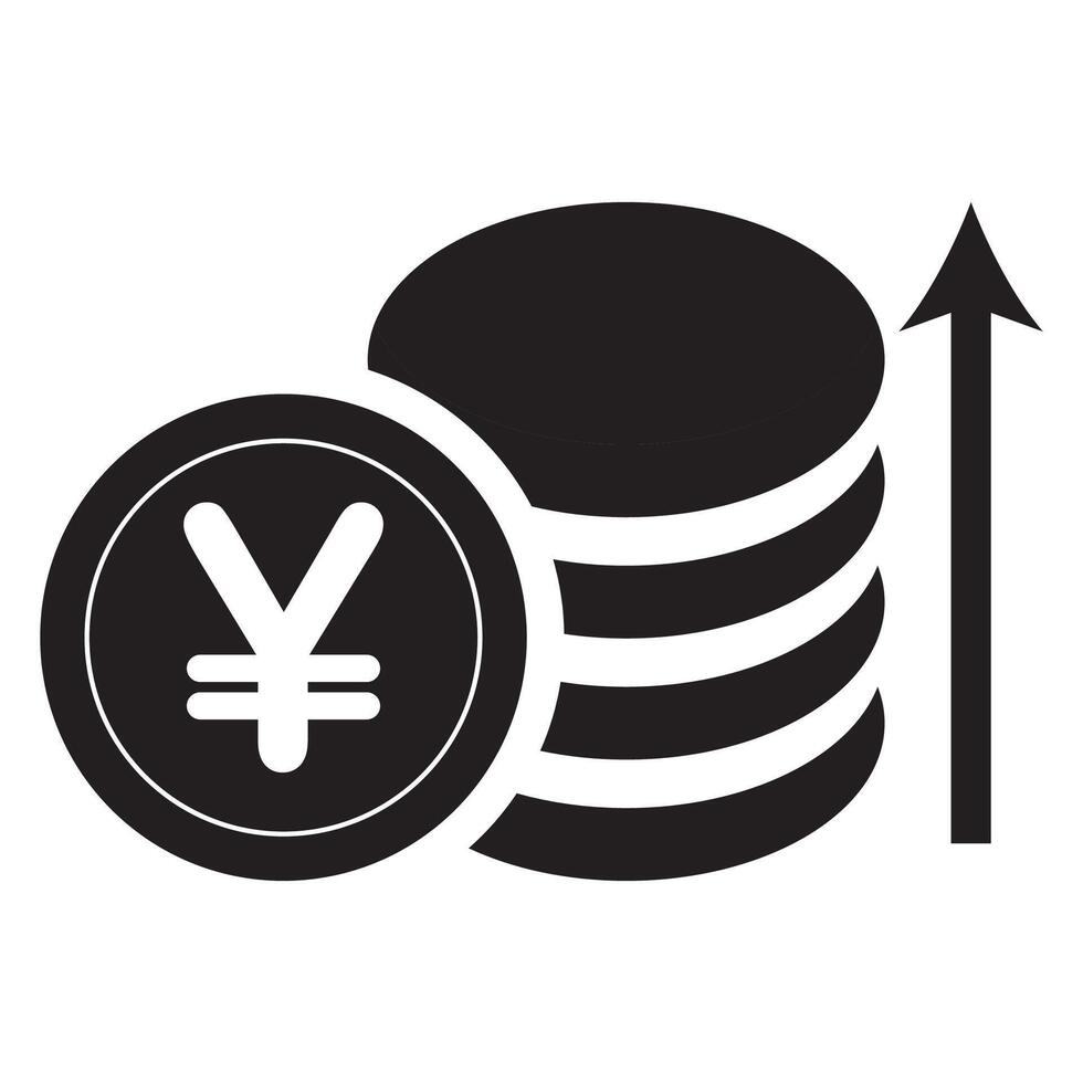 A black and white icon of a stack of coins and an arrow pointing up vector
