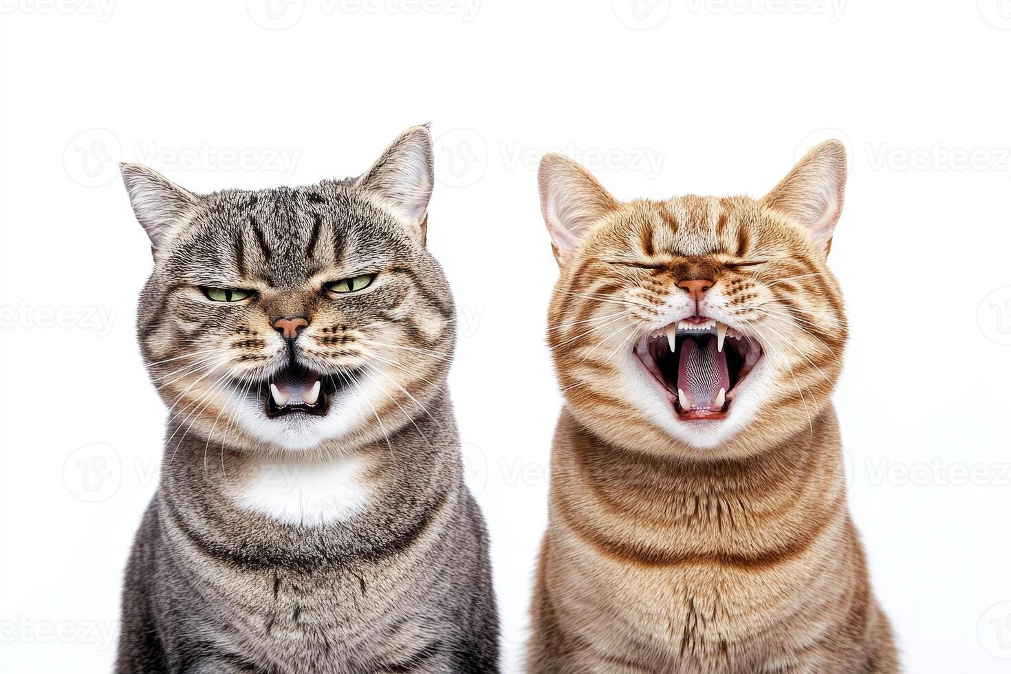 Two charming cats showcase contrasting expressions of calmness and surprise on a bright, soft background photo
