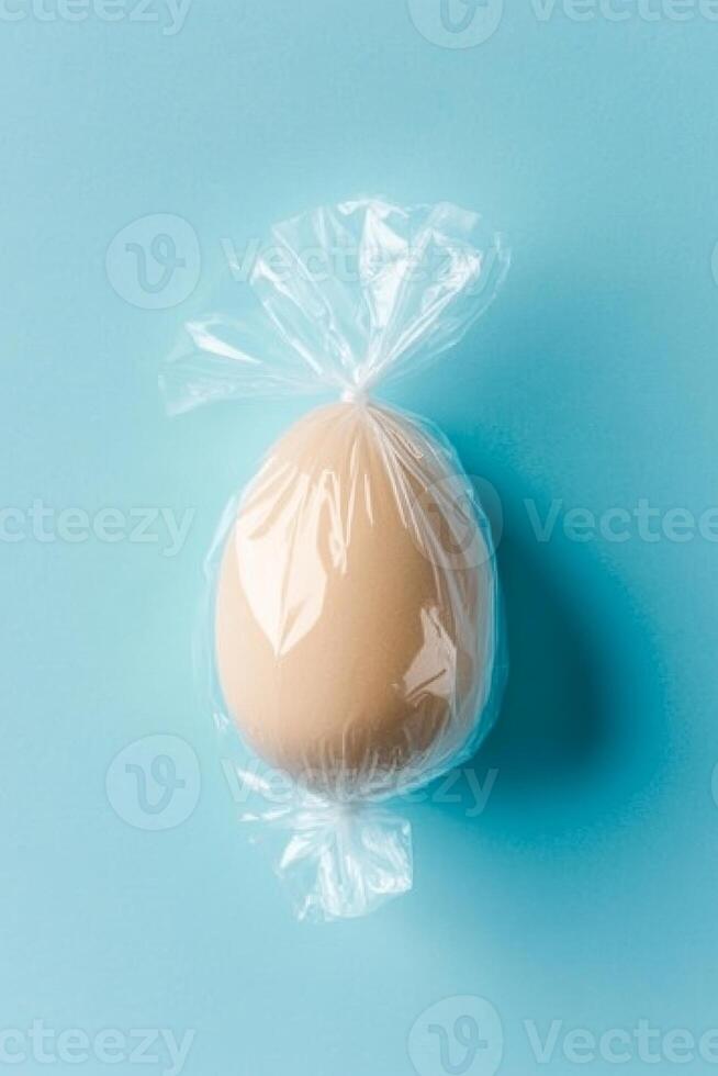 Delicate pastel blue background features an egg wrapped in cellophane, perfect for Easter candy design inspiration and creativity photo