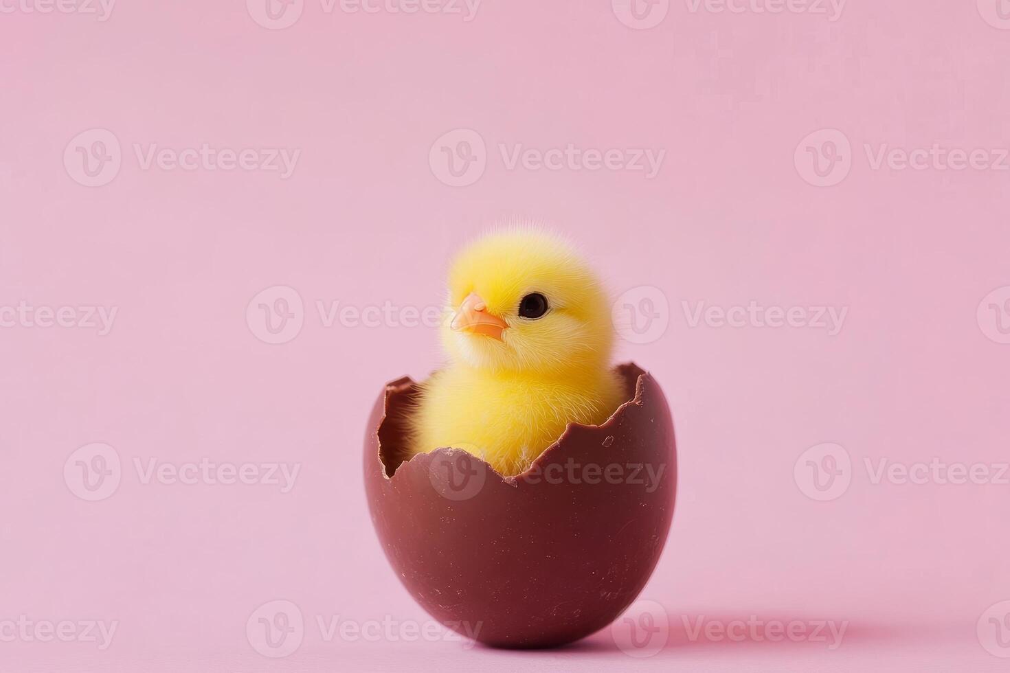 Yellow chick emerges from chocolate egg on soft pink backdrop, capturing the essence of Easter joy and renewal in springtime photo